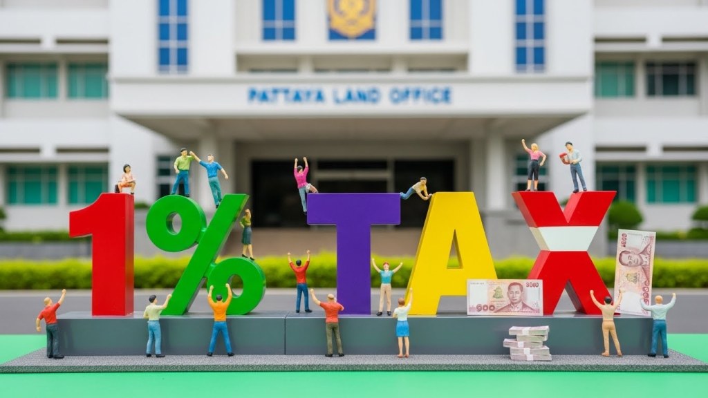 파타야 토지청 미니어처 건물 앞에 세워진 거대한 '1% TAX' 블록 표지판과 환호하는 장난감 사람들. 취득세 감면 소식을 축하하는 분위기.
