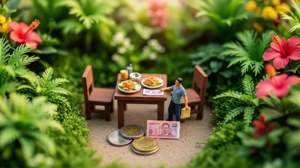 팟타이가 놓인 야외 카페 테이블 미니어처. 영수증 옆에 20바트 지폐와 동전을 남겨둔 손님 피규어의 틸트시프트 사진.