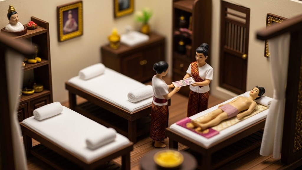 하이앵글로 촬영한 태국 마사지 샵 미니어처. 작은 목제 침대와 수건, 손님으로부터 지폐를 받는 마사지사 피규어가 있는 정교한 인형의 집 스타일.